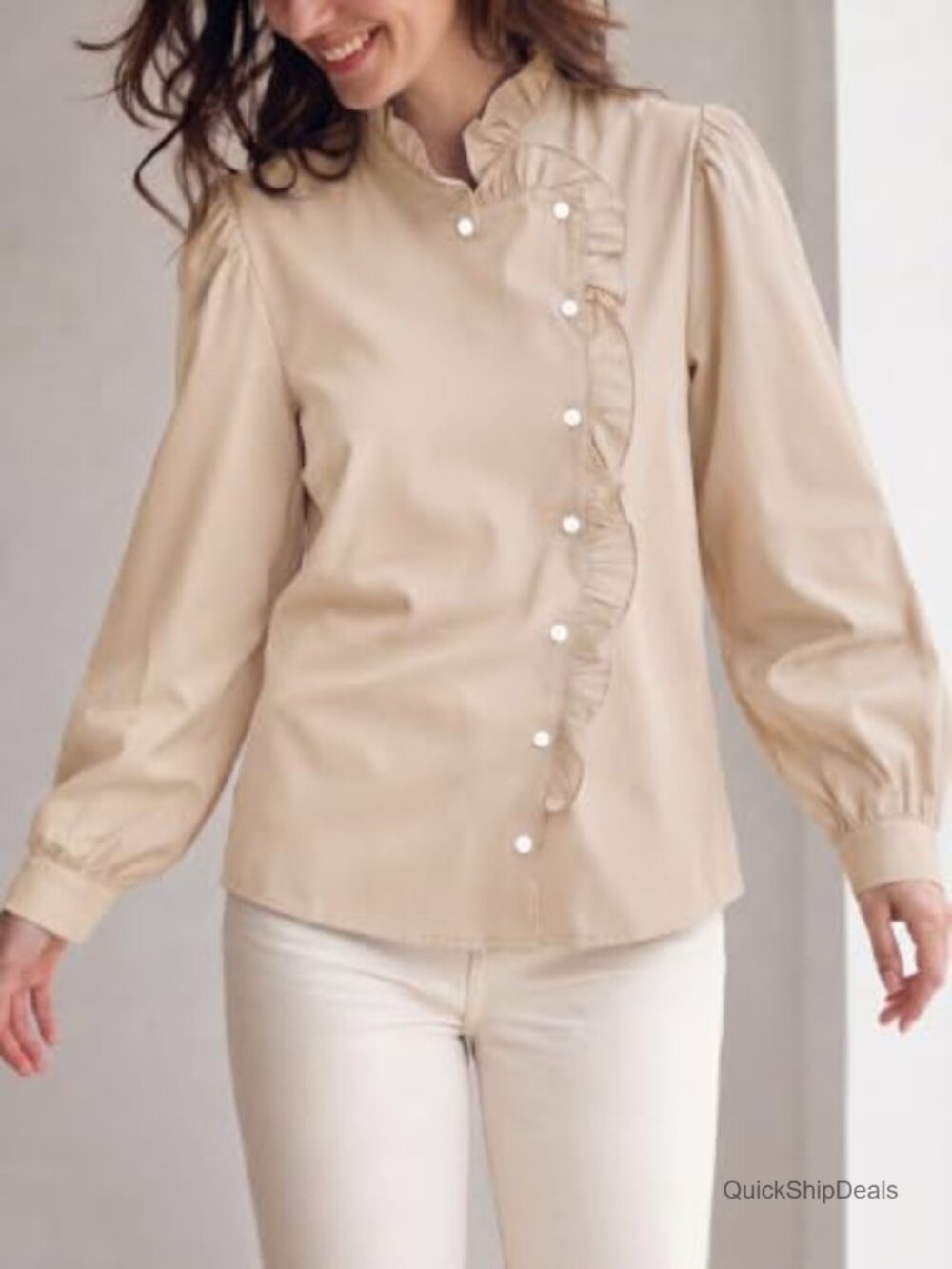 Women's Casual Long Sleeve Button Down Shirt with Ruffle Front Placket - Picture 2 of 5